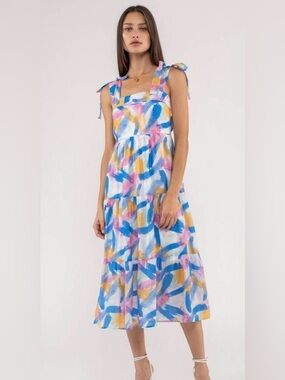 Blu Pepper Abstract Brushstroke Midi Dress in Blue, Pink & Yellow